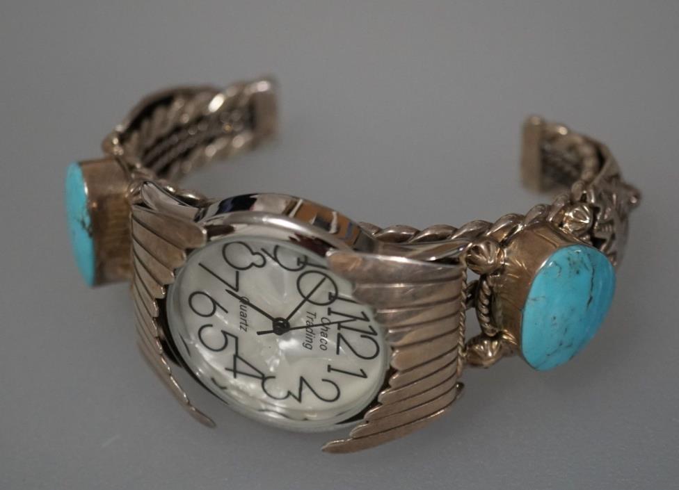 Sterling Silver Turquoise Native American Cuff Watch Bracelet by Running Bear RB
