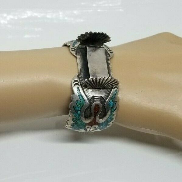 Sterling Silver Blue Green Turquoise Coral Cuff  Watch Bracelet 51.3 Grams