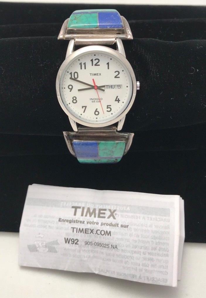 VINTAGE STERLING SILVER TURQUOISE AND LAPIS MEN'S WATCH TIPS W/TIMEX WATCH