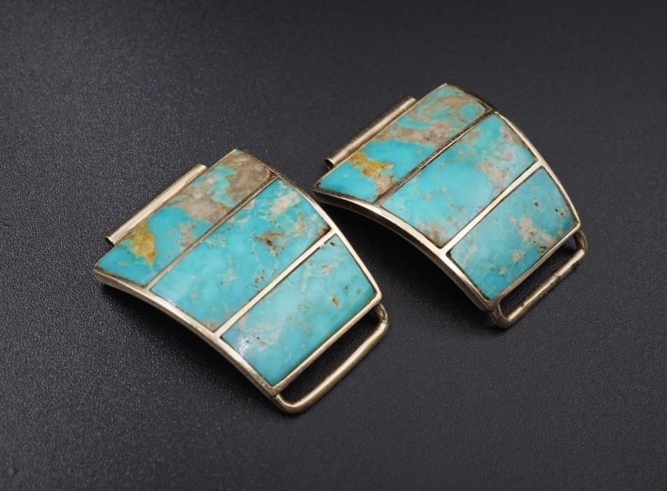 Vintage Solid 14k Yellow Gold Turquoise Inlay Navajo Watch Tips 16mm  W276