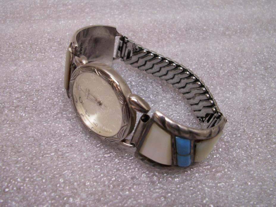 Turquoise Abalone Watchband By Ned Spencer Navajo Nickel Silver W / Quartz Watch