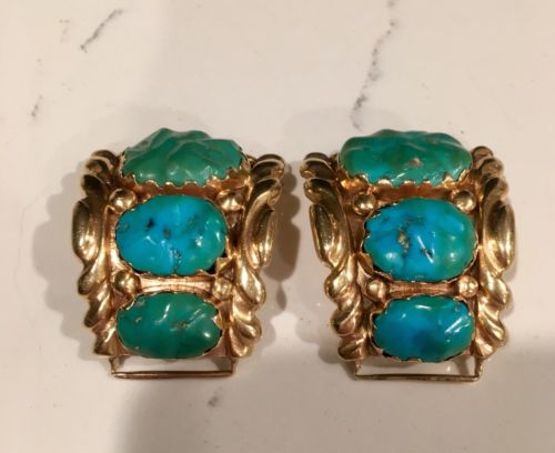 Vintage Alice Quam Gold Watch Tips - Native American Zuni Turquoise & Gold