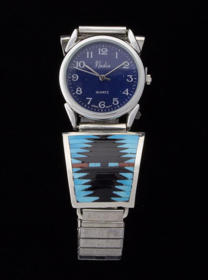 Mens Watch With Multi-Stone Inlay Watch Tips By Zuni Artist Charlotte Dishta