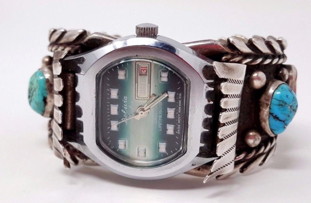 Vintage JM Sterling silver Navajo Turquoise Red Coral Cuff Bracelet Watch Bulova