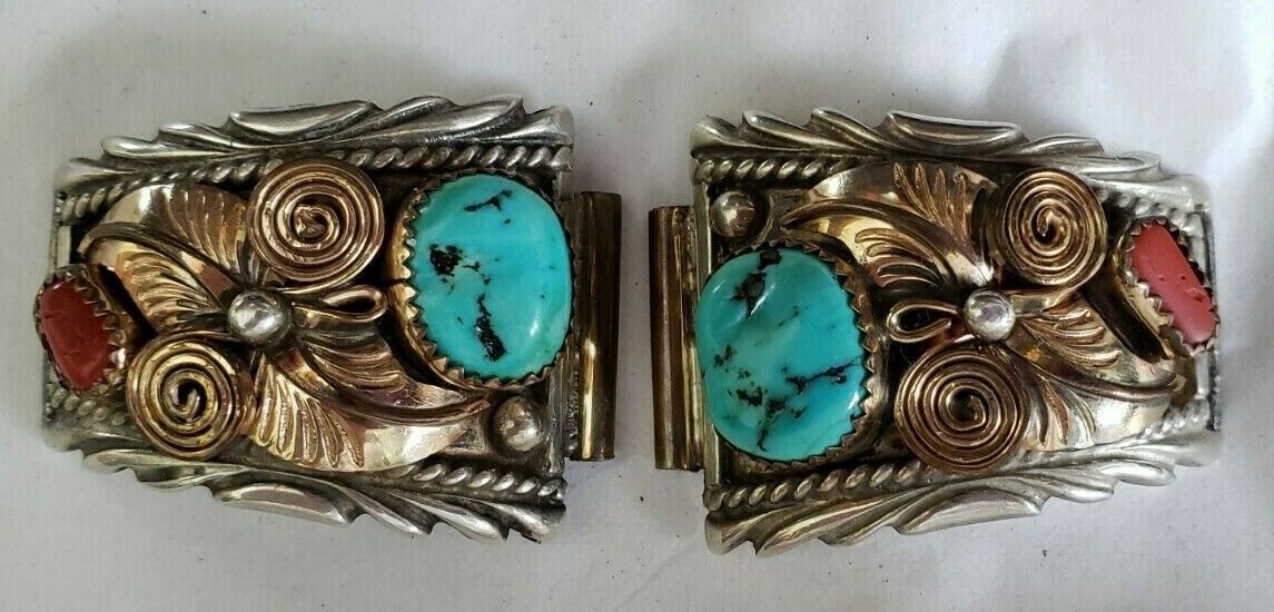 Sterling Silver Turquoise Coral Watch Tabs Artist Mark 
