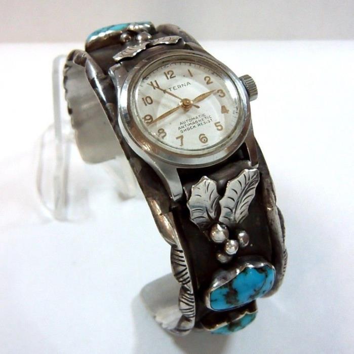 Handmade R Platero Sterling Silver and Turquoise Nugget Watch with Leaves Design