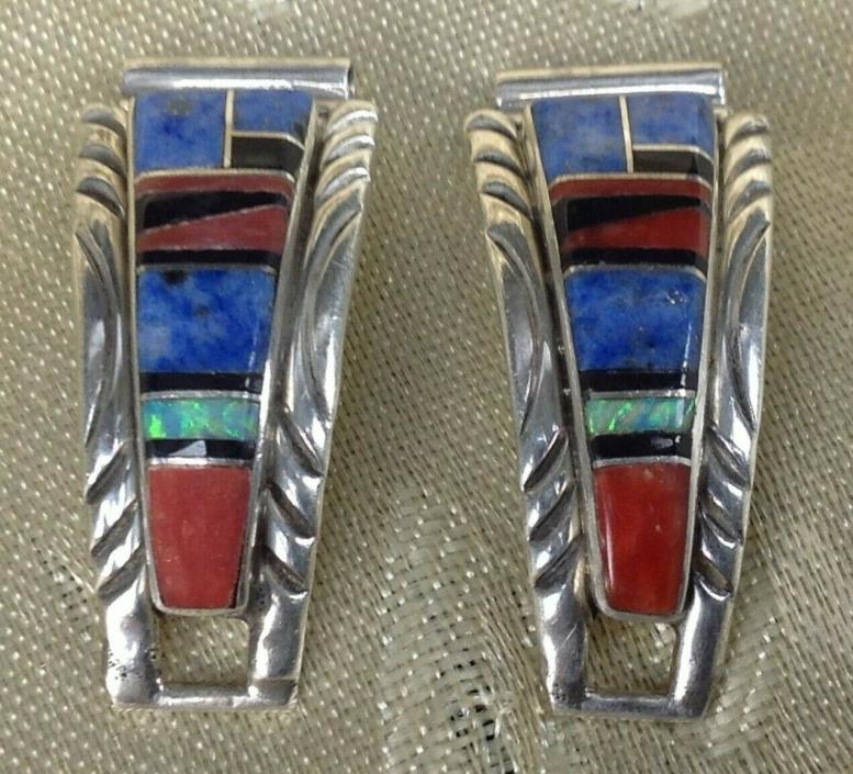 Vintage RB Zuni Native American Navajo Watch Band Tips - Sterling Silver Inlay