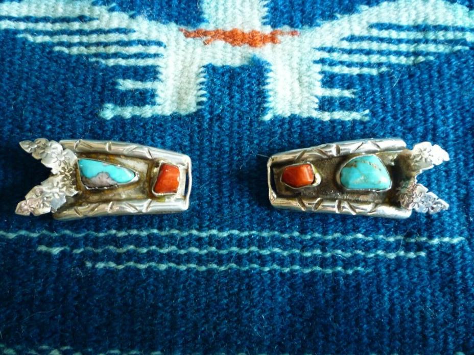 Vintage Southwest Native American Silver & Turquoise & coral Nugget Watch Band