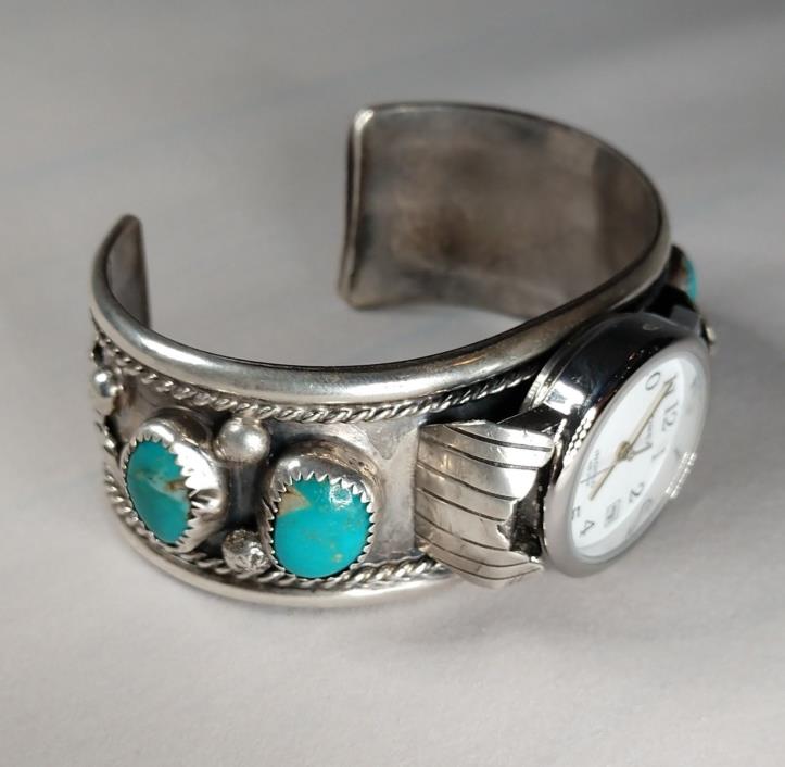 Vintage Turquoise Sterling Silver Watch Cuff Bracelet w/ New Working Watch