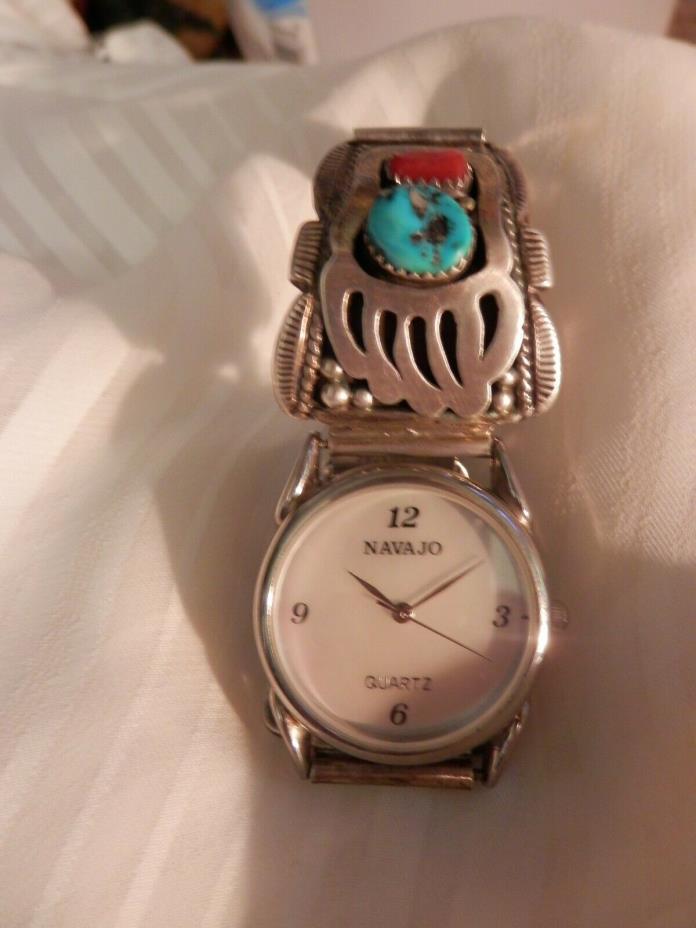 MEN NAVAJO WATCH ATTRACTIVE STERLING SILVER TURQUOISE BAND SIGNED A