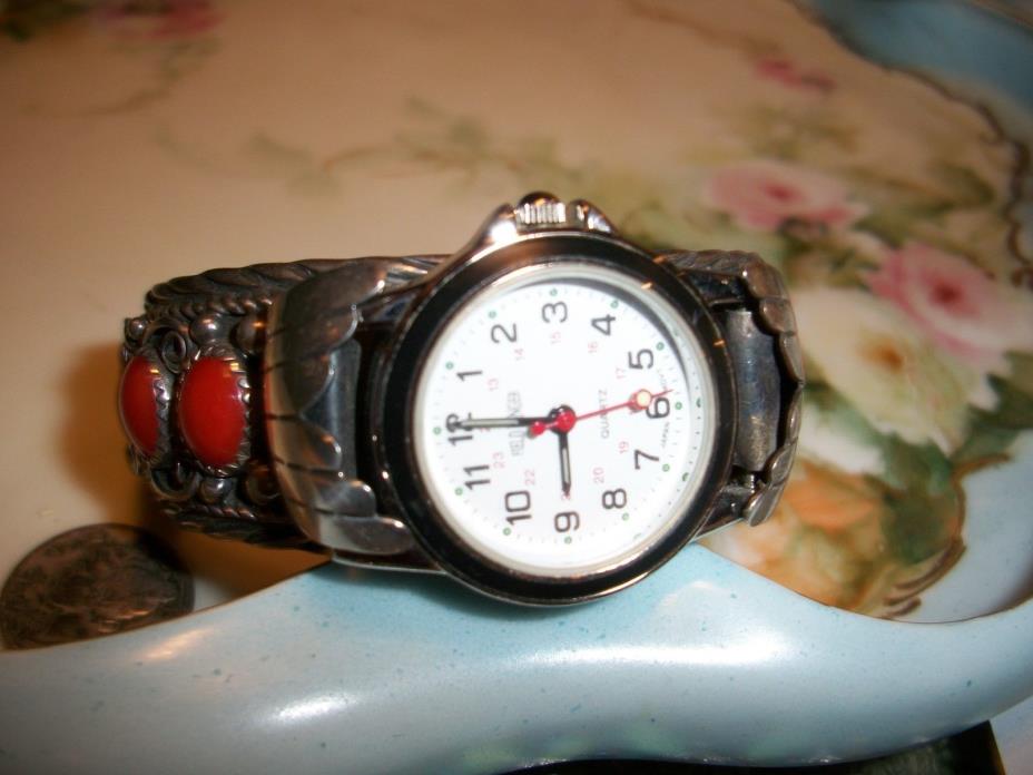Navajo SC Marked Sterling Silver & Genuine Coral Cuff Watch -  47.6 grams