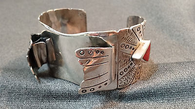 Vintage Navajo Stamped Sterling Silver Turquoise & Coral Watch Cuff  93.6 Grams!
