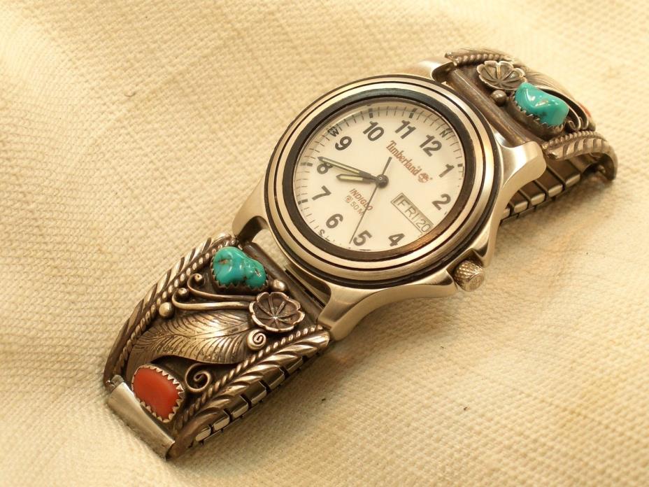 Vintage Sterling Native American Turquoise Coral Timberland Watch W. Denet Dale