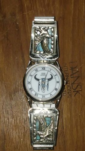 Vintage STERLING SILVER EAGLE WATCH BAND ~ Turquoise Background