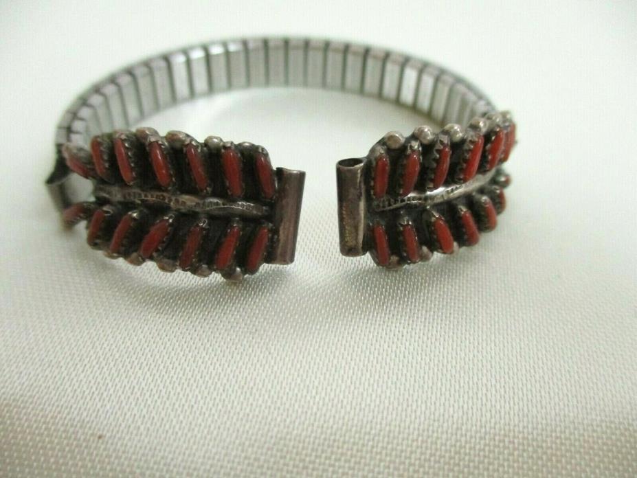 Vintage Zuni Red Coral Petit Point Sterling Silver Watchband Marked Zuni LG