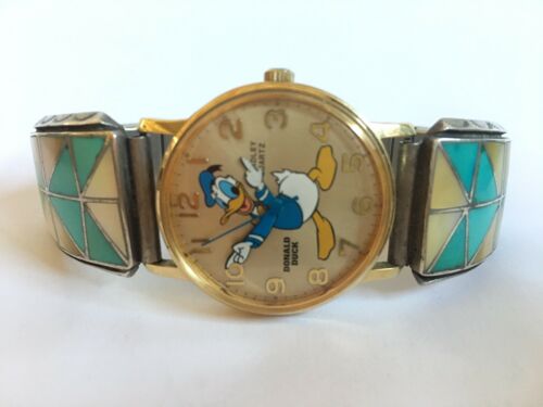Vtg C-R Zunie ZUNI Sterling Silver Turquois Inlay Watch Tips w/Donald Duck Watch