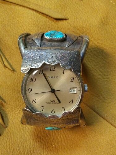 Turquoise coral watch cuff stamped w/  agaves