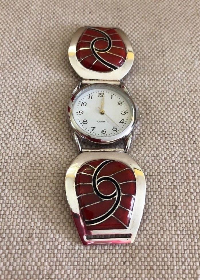 Inlaid Coral in Sterling Silver Watch Tips by D Quandelacy