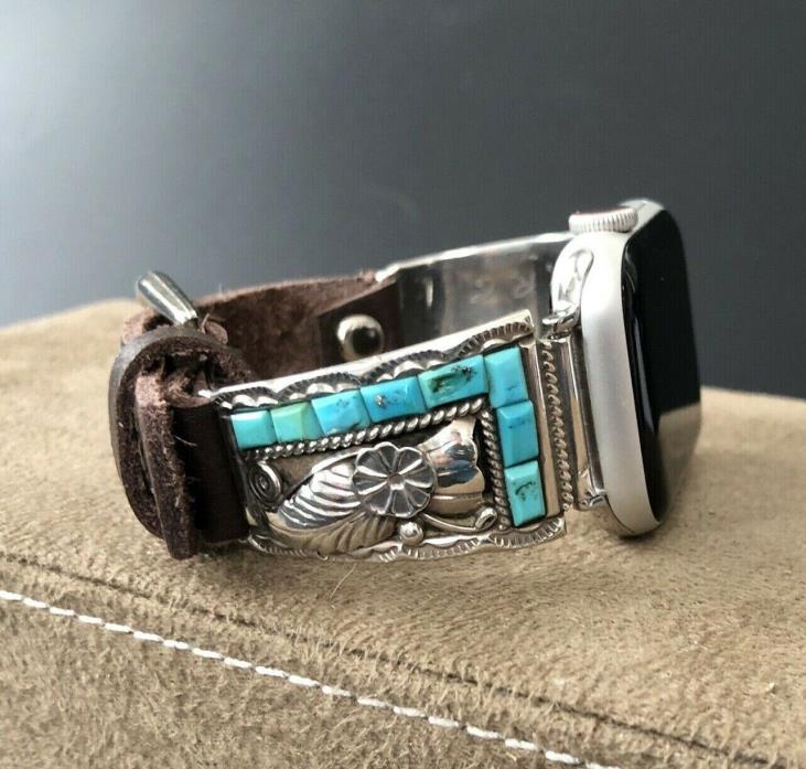 Apple Watch Band 38/40/42/44mm R Scott NavajoTurquoise Leather Sterling Silver