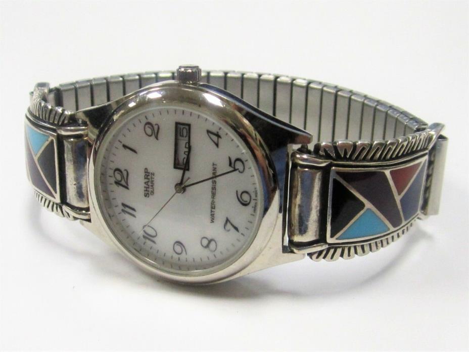 Sterling Silver Tips Native American Inlaid Watch Band w/ Sharp Watch Turquouise