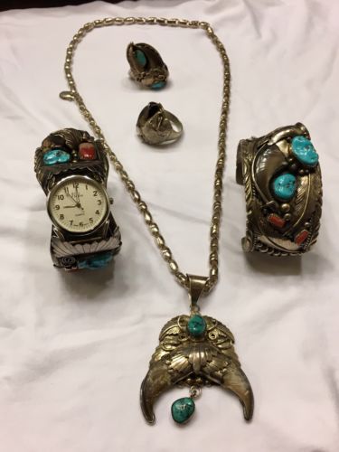 Native American Navajo Men's faux Bear claw 5 Piece Set With Turquoise & Coral