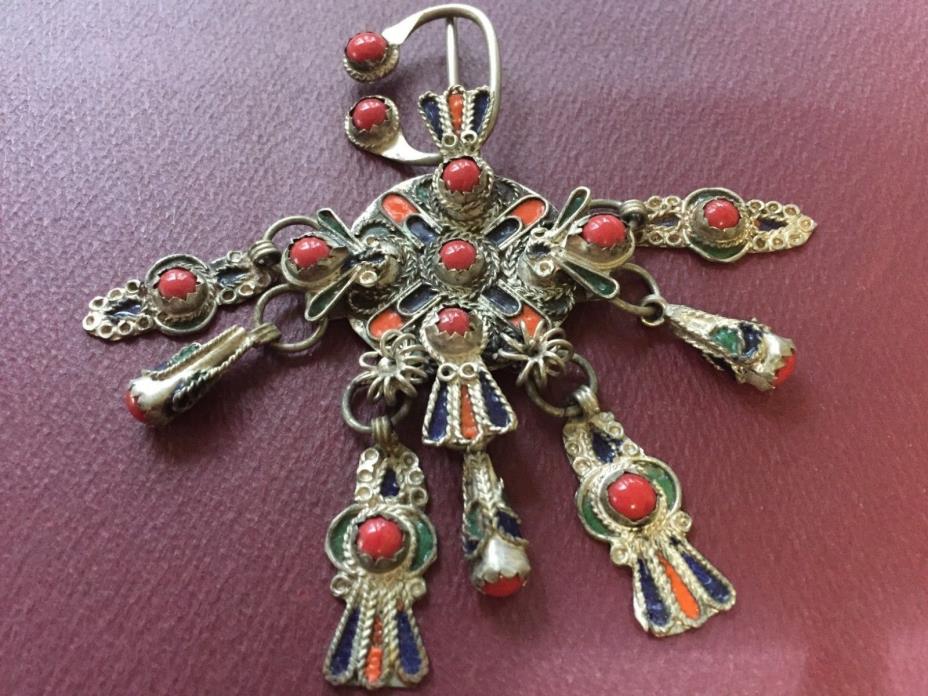 Vintage Ethnic Moroccan Huge Dangle Scarf Pin Coral and twist silver