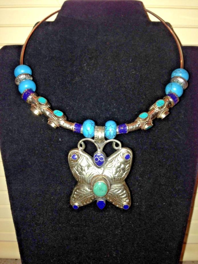 SILVER NEPALESE BUTTERFLY NECKLACE TURQUIOSE LAPIS HAND MADE TIBETS TRUMP DESIGN