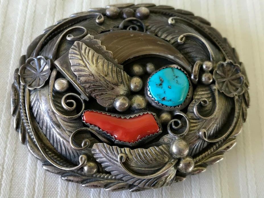 RARE Sterling Silver & Turquoise Coral Nuggets Bear Claw Sara Chee Belt Buckle