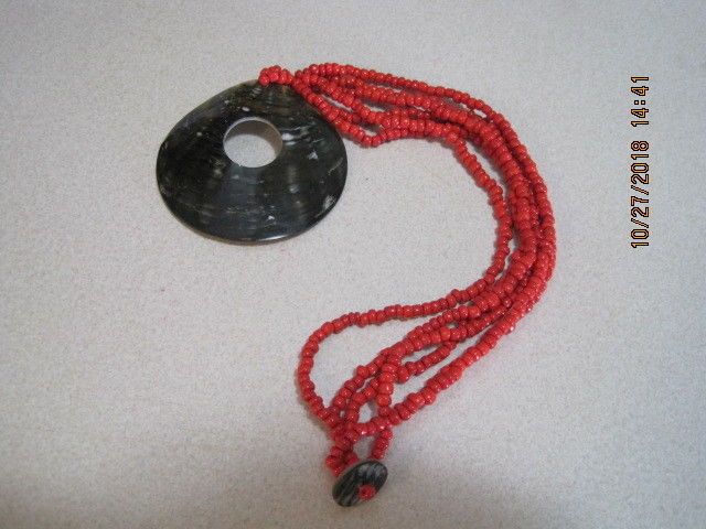 NATIVE INDIAN Rust Red Seed BEAD WORK with Large Shell Pendant Handmade Necklace