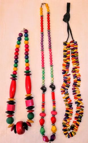 Very Colorful Lot Of 3 Statement Necklaces Wooden Seed Boho Ethnic Tribal
