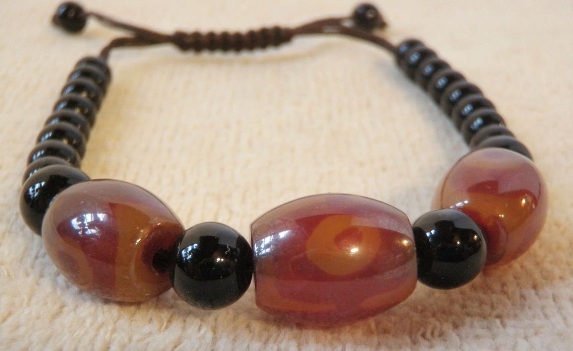 Dzu Beads & Black Glass on a Woven Cord Bracelet ~ Brown and Black