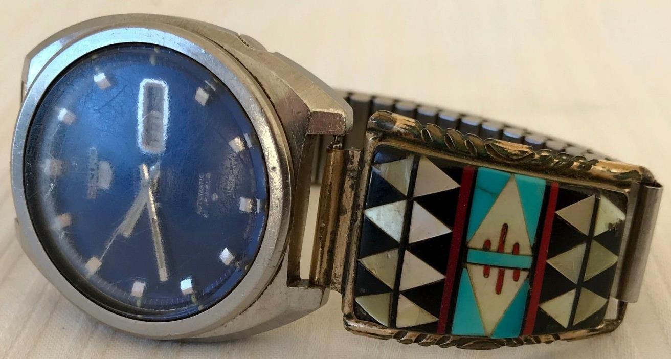 RARE Arthur Yazzie Sterling Silver & Turquoise Lapis JUMBO Seiko Automatic Watch