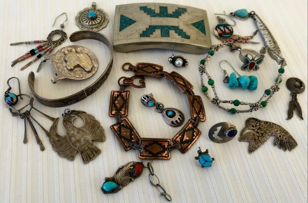 HUGE Sterling Silver Turquoise Ring Earrings Bracelet Concho Buckle Native Lot