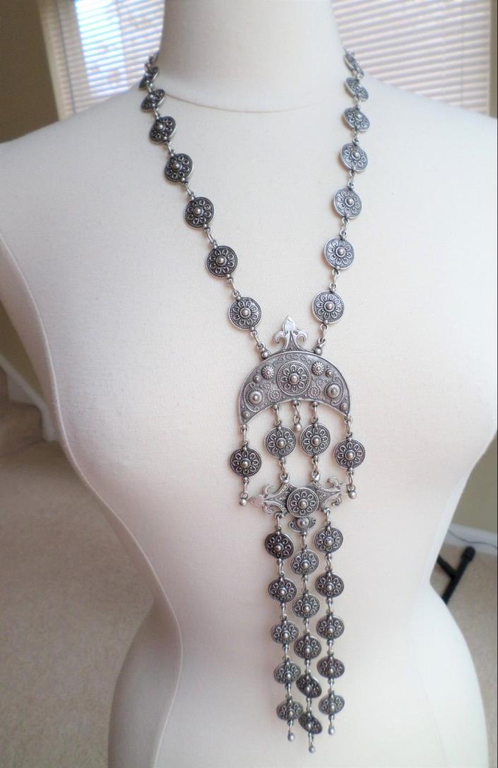 Vintage, Silver Tone, Middle East, Tribal Design Large Pendant Necklace.