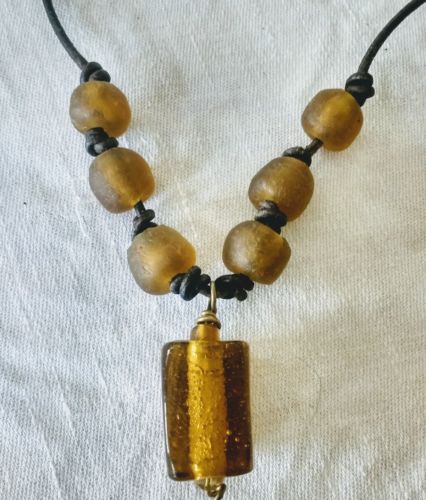 Ghana recycled glass trade bead leather necklace, adjustable