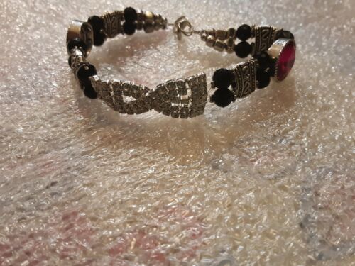 Handmade jewelry bracelets Angies shiny pink rhinestone black metallic clasped