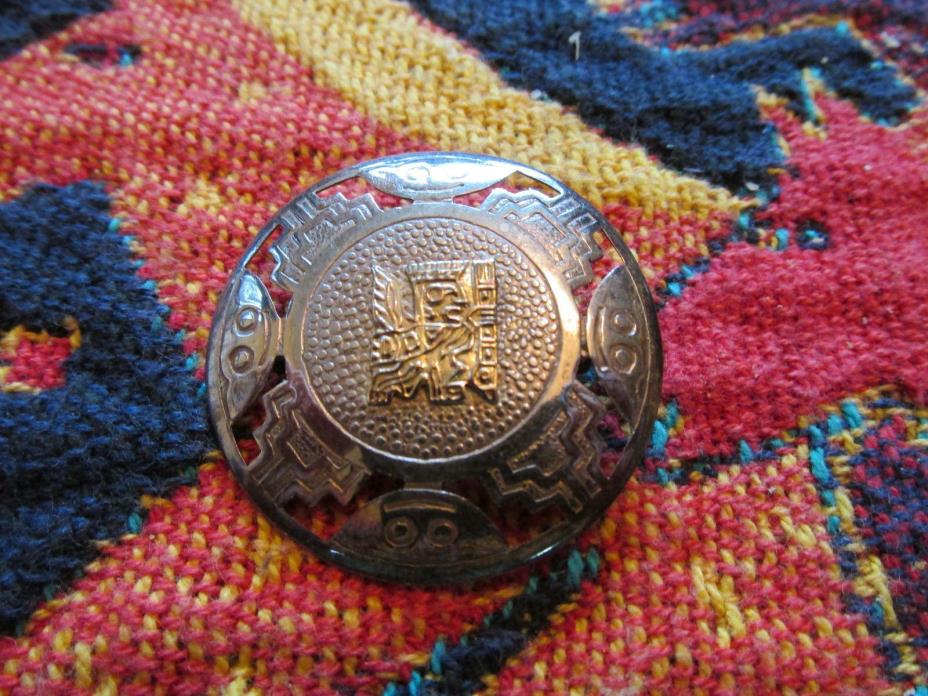 Vintage Peru 18K Yellow Gold 925 Sterling Silver Brooch Pendant Inca Warrior