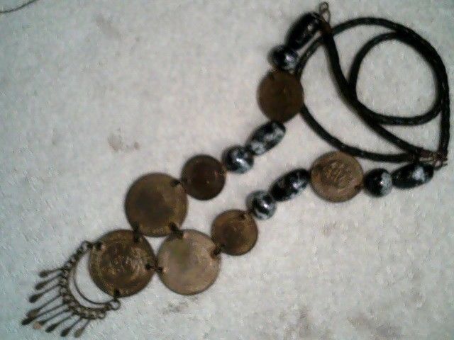 Vintage Peruvian Coins Beads Black Leather Necklace