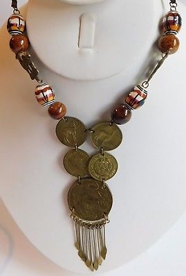 Vintage Peruvian Coin Lama Artisan Hand Painted Beaded Necklace 26