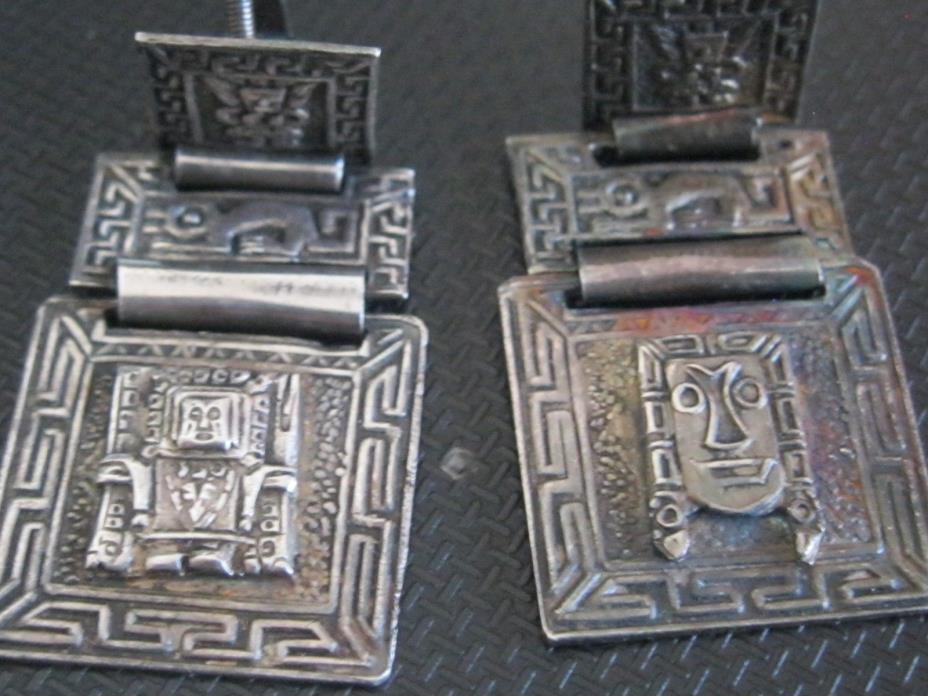 925 Sterling Silver Peru A.R Aztec Mayan Mask Maze long  Earrings screw back