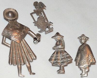 Vintage Peruvian Sterling Silver Brooch Pin Lot Peru Man Woman Girl Bucket Inca