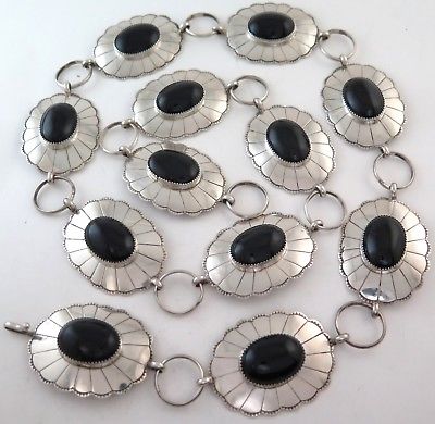 Heavy 214 Gram Sterling Silver & Black Onyx Scalloped Link Concho Belt