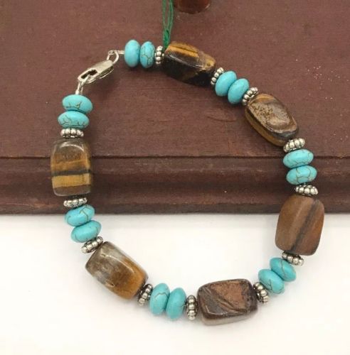 Southwest Inspired Natural Tigers Eye And Turquoise Bracelet