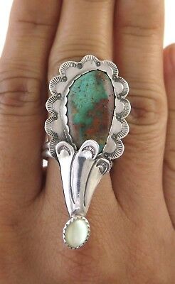 Sterling Silver & Turquoise Squash Blossom Size 7.5 Ring w/ Mother of Pearl