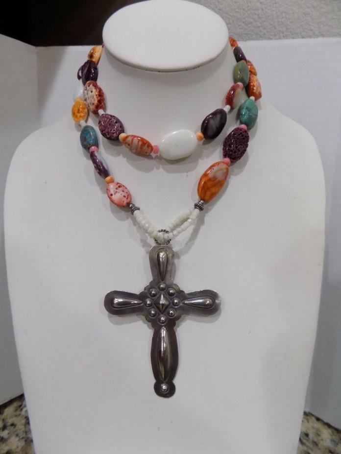 925 Sterling Silver Cross Pendant Necklace Turquoise Multi Color Spiny Oyster