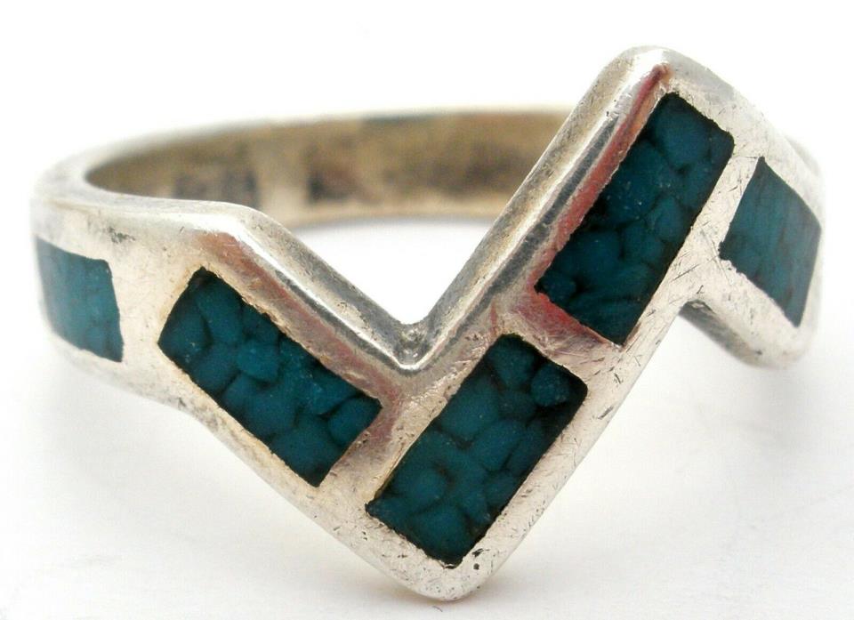 Mosaic Turquoise Sterling Silver Ring Inlay Blue Gemstone Size 4 Pinky Jewelry