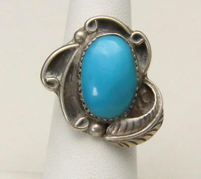 Vintage Navajo Large Turquoise & Sterling Silver Ring w/ Leaf Signed JC Size 6