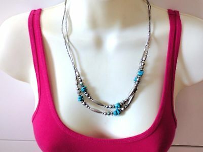 VINTAGE SOUTHWEST SILVER TURQUOISE DOUBLE STRAND NECKLACE