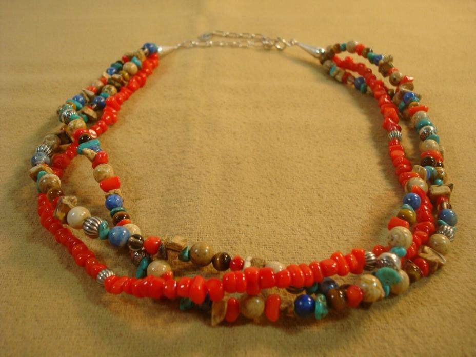 CAROLYN POLLACK RELIOS Red Coral Turquoise Multi Gem 3 Strand Bead Necklace NICE