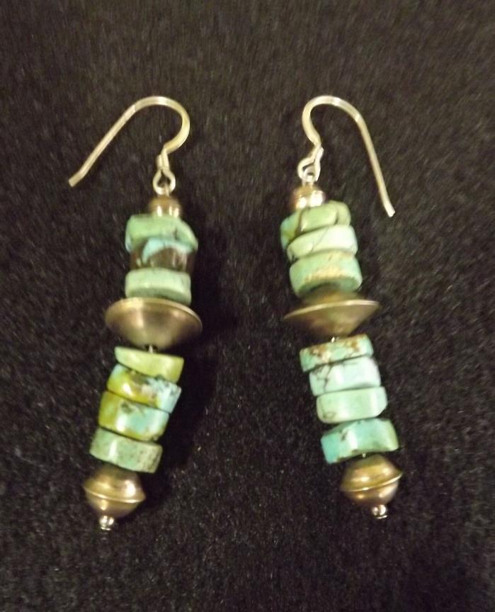 Vintage Handmade Navajo Turquoise Heishi & Sterling Silver Dangle Earrings